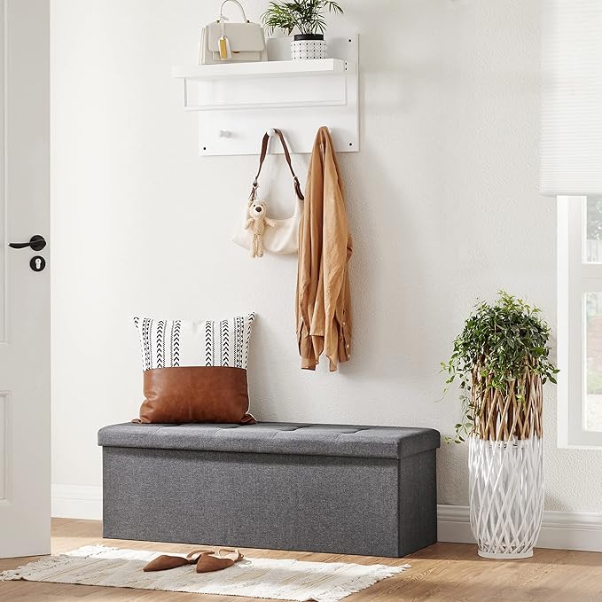 SONGMICS 43 Inches Folding Storage Ottoman Bench, Set of 2, Storage Chest, Foot Rest Stool, Bedroom Bench with Storage, Dark Gray, ULSF431G01