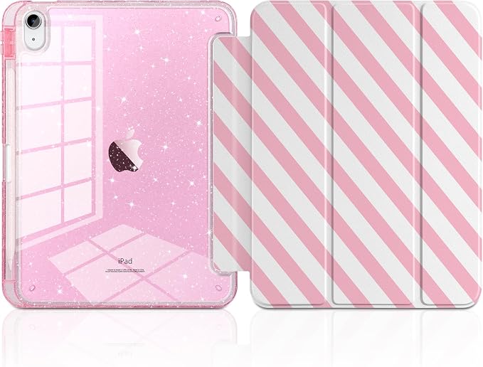 MEEgoodo Case for iPad A16 11th Generation 2025/10th Generation 2022 Glitter Tablet Cases with Transparent Acrylic Back+Trifold Stand +Pencil Holder+Auto Wake/SleepAbstract Sun &amp Palm Tree