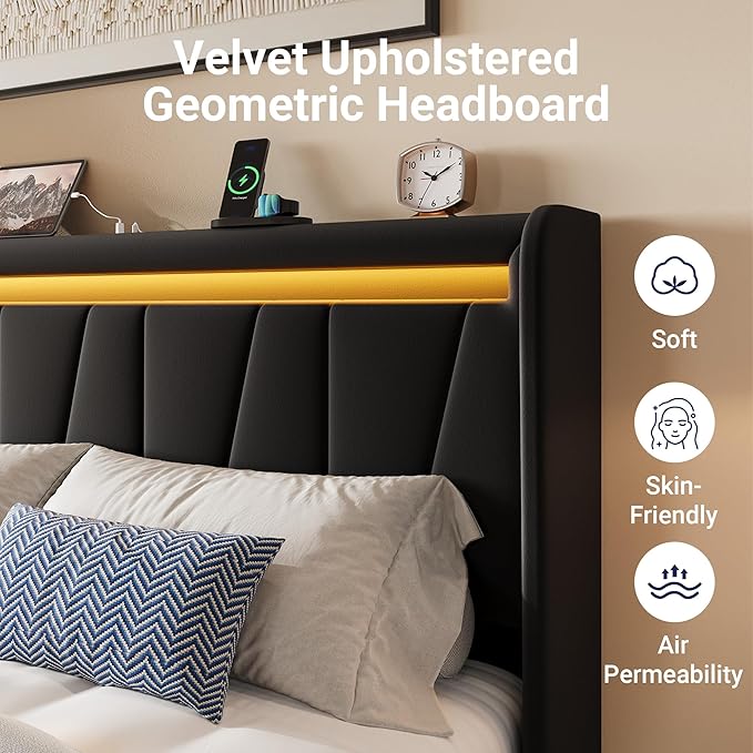 Allewie King Size LED Bed Frame with Charging Station, Velvet Upholstered Platform Bed with Geometric Wingback Headboard, Modern Frame with No Box Spring Needed, Easy Assembly, Black
