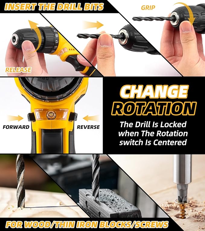 12V Drill Driver Power Tool Combo Kits with Cordless Drill, Professional Household Home Tool Kit Set, DIY Hand Tool Kits for Garden Office House Repair Yellow