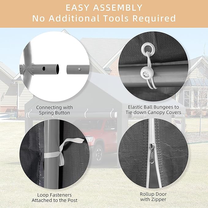 JY QAQA Carport, 12x20 FT Heavy Duty Carport with Removable Side Walls and Doors, Car Canopy with All-Season Tarp for Cars, Grey