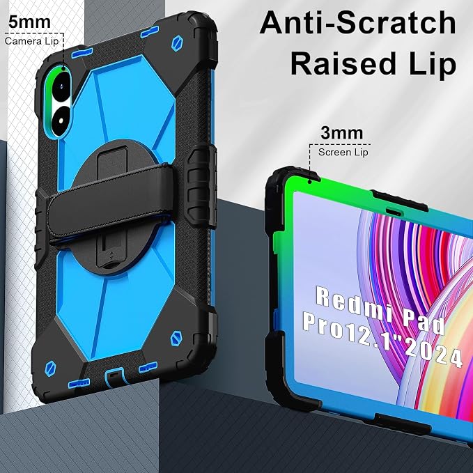 for Xiaomi Redmi Pad Pro 12.1/Xiaomi Poco Pad 12.1 Case with with Kickstand/Hand Strap/Rotating/Shoulder Strap (Black/Black)