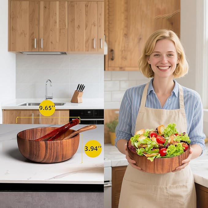 Salad Bowls, Wooden Salad Bowls Set, Large Acacia Wood Serving Bowl for Soup， Fruits，Popcorn，Big Salad Bowl with Serving Utensils（Includes a Spoon And a Pair Of Tongs.）