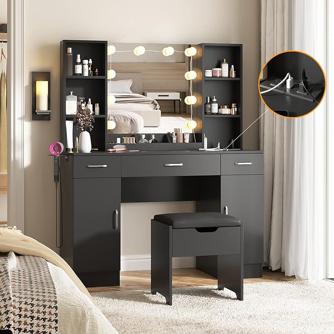 Vabches Makeup Vanity Table with Lighted Mirror & Power Strip, Large Vanity Set Vanity Desk with Lots Storage, 3 Lighting Modes, Brightness Adjustable, 45.2in(Large, Black)