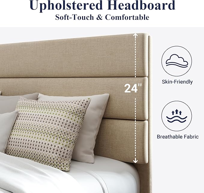 Allewie King Size Platform Bed Frame with Fabric Upholstered Headboard and Wooden Slats Support, Fully Upholstered Mattress Foundation/No Box Spring Needed/Easy Assembly, Beige
