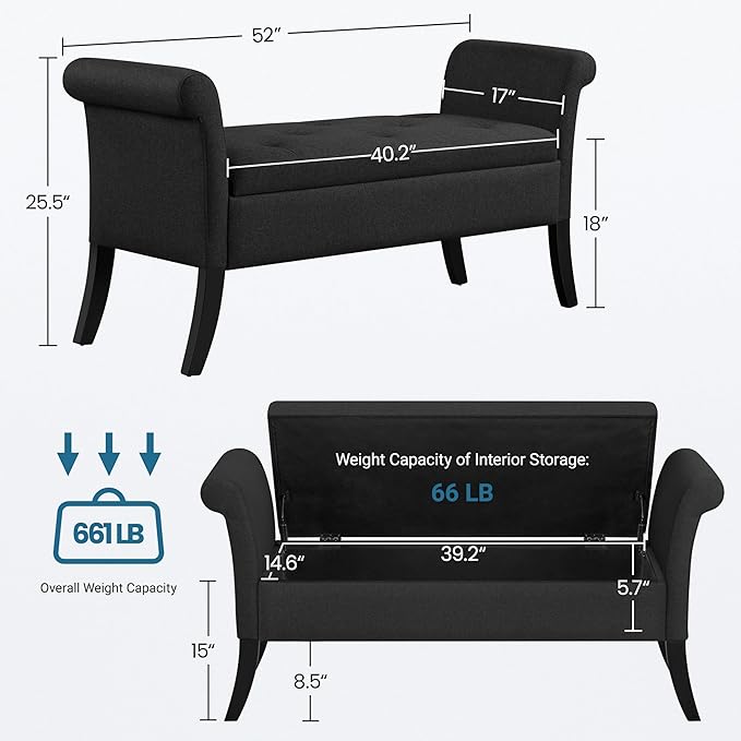 Yaheetech Ottoman with Storage, 52" Storage Ottoman Bench with Safety Hinge, Upholstered Bench with Seating for Bedroom, Living Room, Holds up to 661 lb, Black