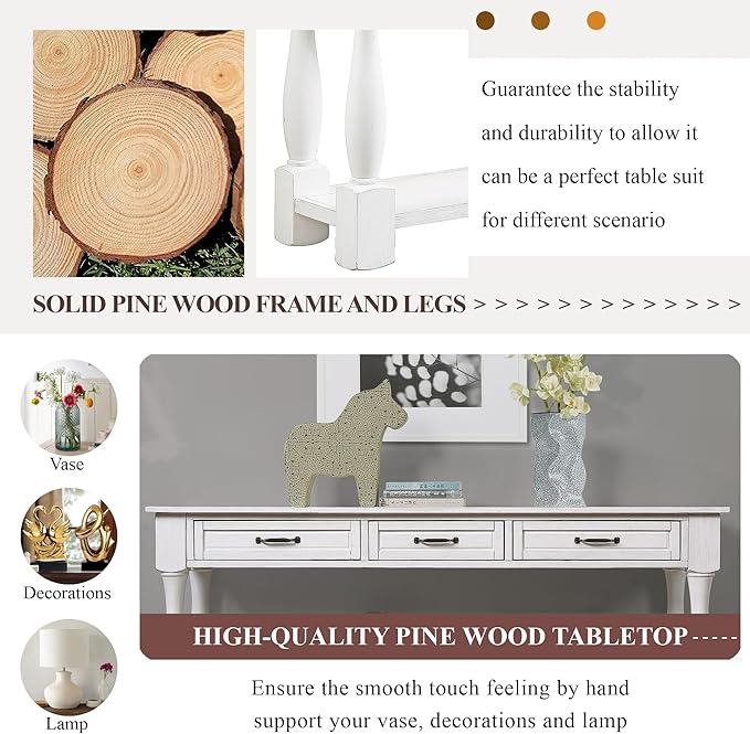LKTART Solid Wood Console Table for Entryway,Long Sofa Table with 3 Drawers for Hallway,Foyer,Entry,Easy Assembled (63" Antique White)