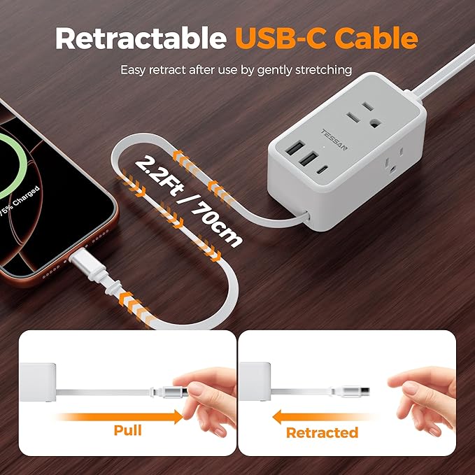 TESSAN Small Flat Plug Power Strip with 1 PD20W Retractable USB C Cable, Ultra Thin Extension Cord with 3 AC Outlets 3 USB Ports, 5 ft Slim Plug for Cruise Ship Travel, Dorm, Home Office