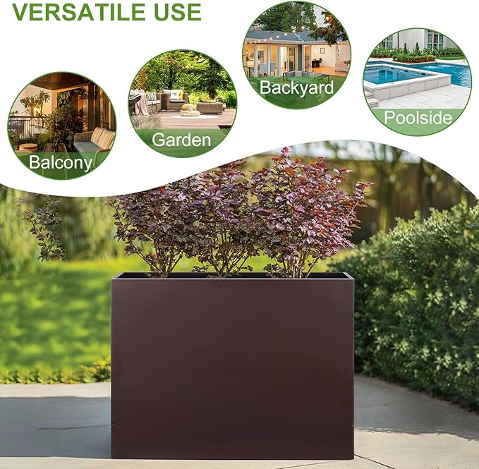 BAYN Metal Rectangular Planter Box Tall Planters for Outdoor Plants Modern Heavy Duty with Drainage Holes for Outside Indoor Patio Deck - Brown, 32”x 12”x 24”