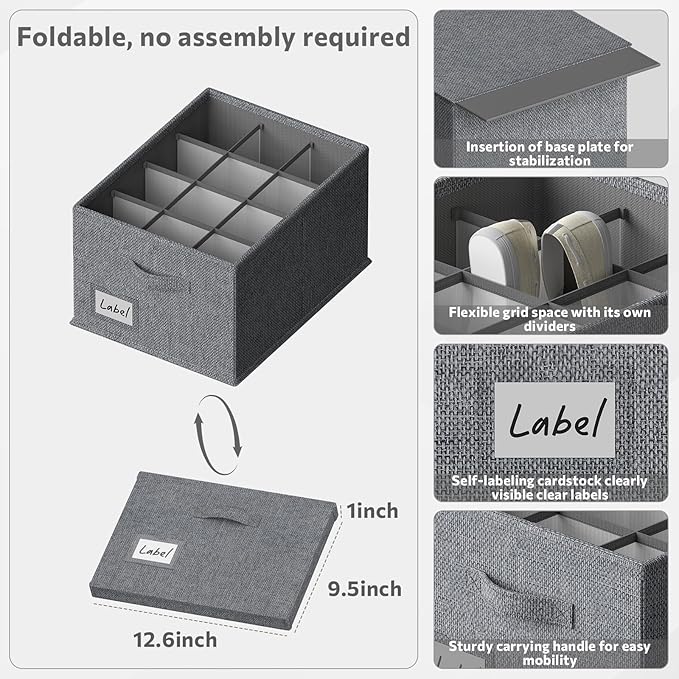 FHSQX 2 Pack Shoe Organizer for Closet,Fits up to 24 Pairs,Fabric Shoe Storage Bins,Large Shoe Box Storage Containers with Bottom Support for Shoes (Dark Gray, (16.5 * 12.6 * 9.5) x1)