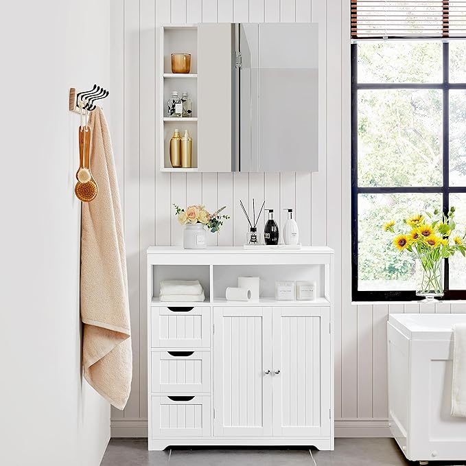 Yaheetech Bathroom Floor Cabinet, Wooden Storage Organizer with 3 Drawers and 2 Open Shelves, Freestanding Storage Cabinet with a Large Bottom Cabinet for Bathroom, Living Room, Kitchen, White