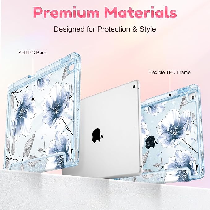 Mektron Sparkly Case for iPad 10.2 inch Glitter Tablet Cases for iPad 9th Gen 2021/8th Gen 2020/7th Gen 2019 Cover with Shiny Clear Back Shell Foldable Bling Smart Cover Blue Floral