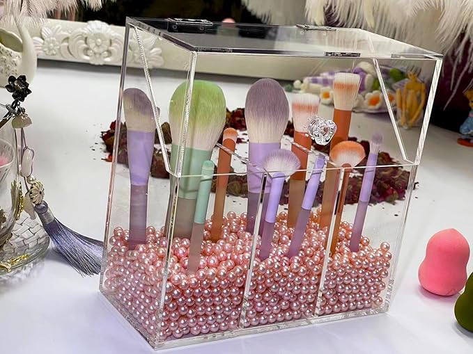 Acrylic Makeup Organizer ,clear Cosmetic brush storage box with 3 Brush Holders ,Makeup brush holderwith dust cover, Largecapacity split design can quickly organize the desktop ( with Free