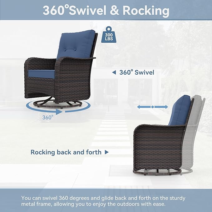 Kurapika 9 Pieces Patio Furniture Set, Rattan Wicker Sofa Set, Outdoor Conversation Sets w/Swivel Rocking Chairs Patio Sectional Sofa w/4in Cushion, Navy Blue