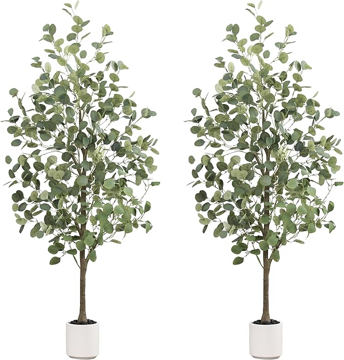 2Packs Faux Eucalyptus Tree 5FT Tall Artificial Eucalyptus Tree Indoor Outdoor, Fake Eucalyptus Plant with Green Silver Dollars Silk Leave, Fake Floor Plants, Present for Friend Housewarming Decor