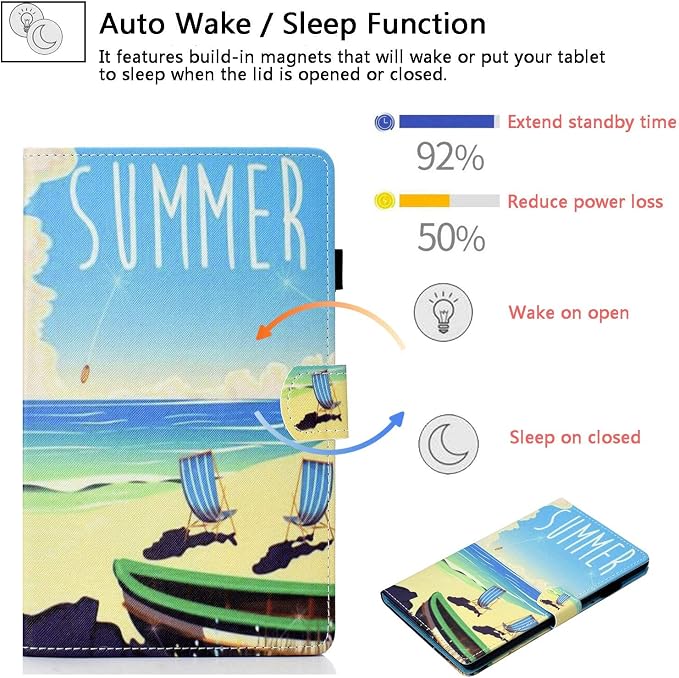 Kindle Fire HD 8 Tablet Case (8th/7th/6th Generation)Smart Stand Synthetic Leather Cover with Auto Wake/Sleep [Card &amp Pencil Holder] for 8 Amazon Fire HD 8 (2018/2017/2016) Blue Sea Beach