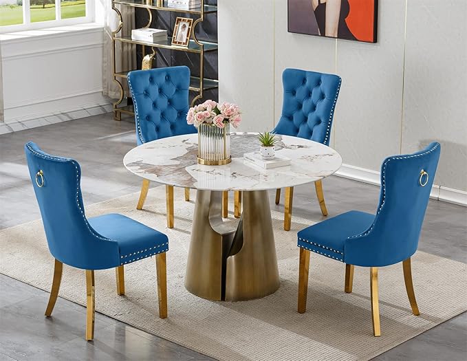 5-Piece Faux Marble Round Dining Table Set for 4, Modern Luxury Kitchen Table Set for 4 with Blue Tufted Chairs,Circle Dining Tables with Pandora Grain Top and Bronze Pedestal Base