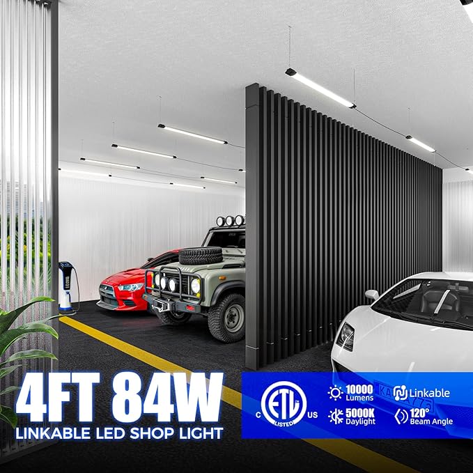 Barrina LED Shop Light for Garage, 10000LM, 84W, 4FT, 5000K Linkable Light Fixture for Workshop, Basement, Hanging or Flush Mount, Heat Dissipation with Pull Chain Switch, ETL,1 Pack