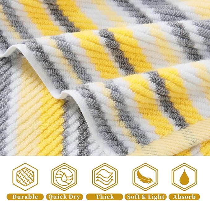 VOOVA & MOVAS Yellow Striped Towels 6PC - 100% Cotton, Quick Dry, Soft, Absorb & Lightweight, Washcloth 13"x13", Striped Wash Cloth Decorative Set, Luxury Towel Set for Bathroom, Yellow + Gray