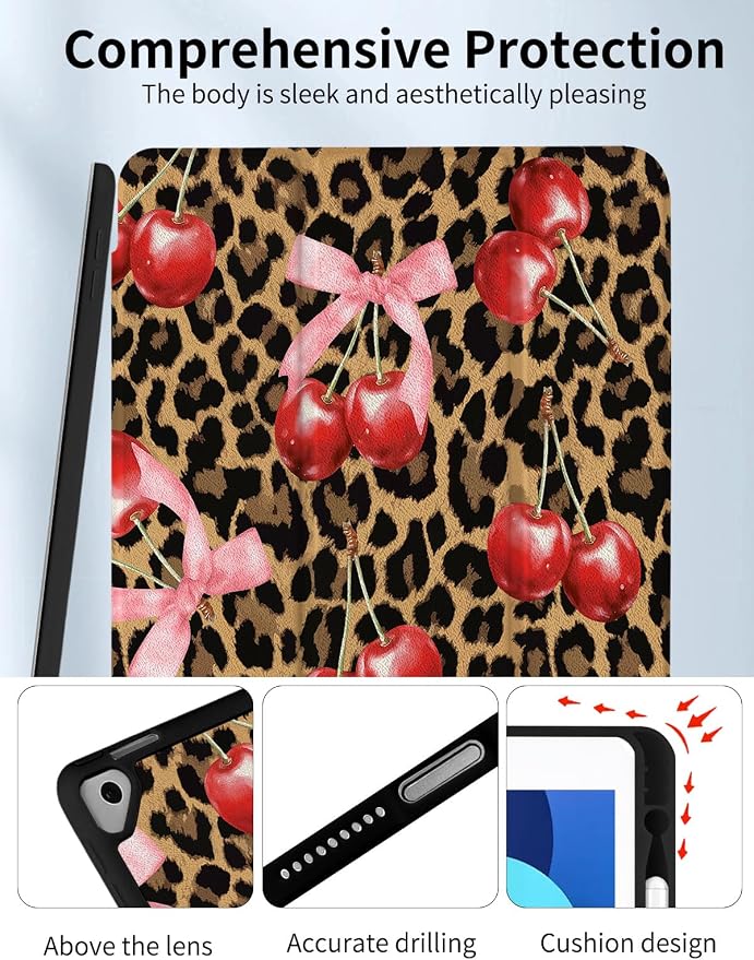 Case for iPad 9th/ 8th/ 7th Generation Case 10.2&amp10.5 Inch (2021/2020/2019 Release) Slim Lightweight Soft Trifold Back Cover with Pencil Holder &amp Auto Sleep/Wake Cover Cherries Cheetah Bows