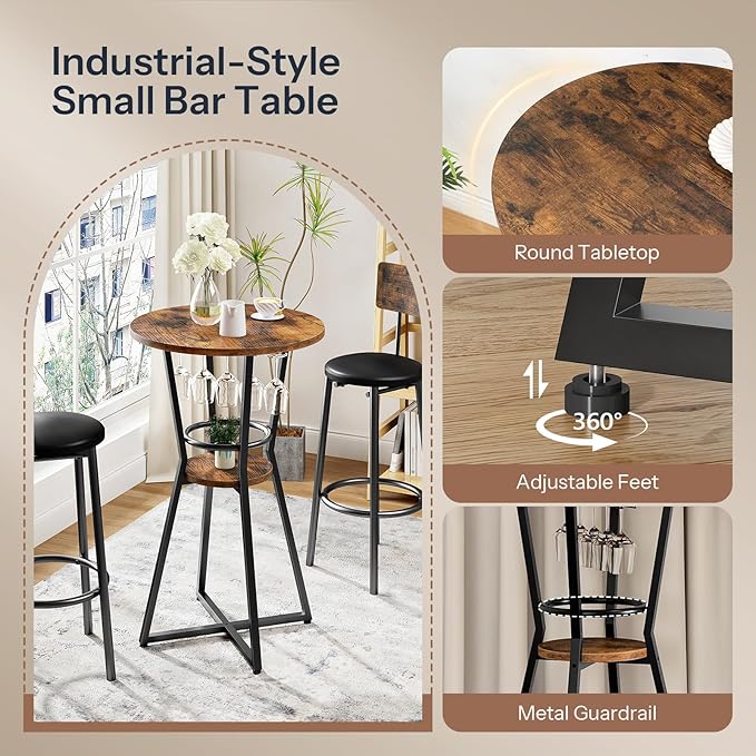 HOOBRO Round Bar Table, 2-Tier Counter Height Pub Table with Wine Glass Holder, Industrial Cocktail Table, for Small Space, Tavern, Living Room, Dining Room, Patio, Rustic Brown and Black BF62BT01G1