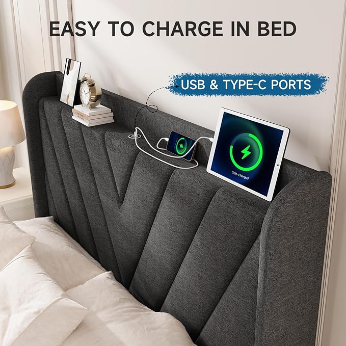 koorlian Queen Bed Frame with Headboard, Adjustable Upholstered Platform Bed Frame with Type-C&USB Ports, Wingback Storage Headboard, Solid Wood Slats Support, No Box Spring Needed, Dark Gray