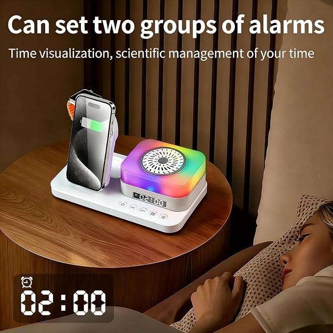 8-in-1 Desktop Charging Station with Bluetooth Speaker RGB Ambient Light Digital Clock Phone Stand Wireless Charger for Phone Watch and Earbuds Black/White (Black)