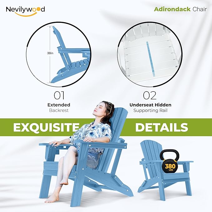 nevilywood Folding Adirondack Chair with Cup Holder Set of 2,All-Weather Adirondack Chair,Patio Chair,HDPE-Wooden Textured Lawn Chair- Light Blue