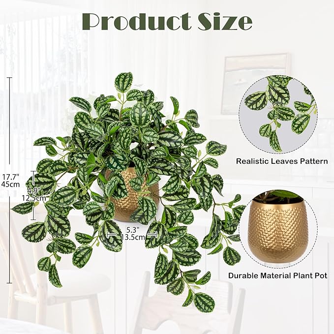 Briful Faux Plants Indoor 17.7in Fake Watermelon Peperomia Plant in Gold Pot with Realistic Silk Green Leaves Artificial Potted Plant for Home Office Table Shelf Desk Modern Room Decor