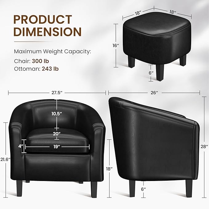 Yaheetech Accent Chair with Ottoman Foot Rest, PU Leather Mid Century Modern Upholstered Soft Barrel Chair Comfy Armchair and Footrest Set for Living Room/Bedroom/Reading Room, Set of 2, Black