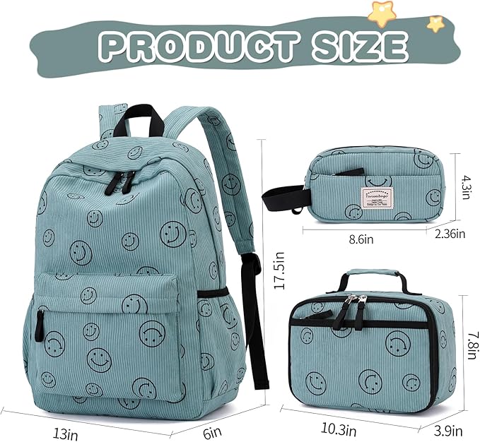 Backpack for Girls Boy Teen Corduroy Bookbags Elementary Middle High School Women Laptop Bag with Lunch Box Pencil Bag (Smile Green)