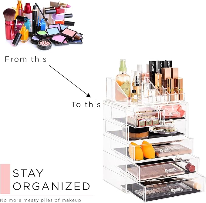 Sorbus Clear Cosmetic Makeup Organizer - Make Up & Jewelry Storage, Case & Display - Spacious Design - Great Holder for Dresser, Bathroom, Vanity & Countertop (4 Large, 2 Small Drawers)