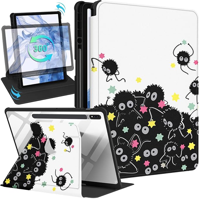 Wazzasoft for Samsung Galaxy Tab S7/S7 Plus/S8 Plus Case - 12.4 Inch Folio Cover with Pencil Holder - Women/Girl Cute Girly Black Flower Unique Design - Rotating Tablet Case