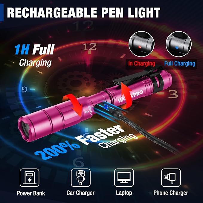 WORKPRO Rechargeable Pen Light 2 Pack Ultra-Compact EDC Flashlight Black | Mini Flashlight Pocket Flashlight with Clip Memory Function and 2 x USB C Cable Included