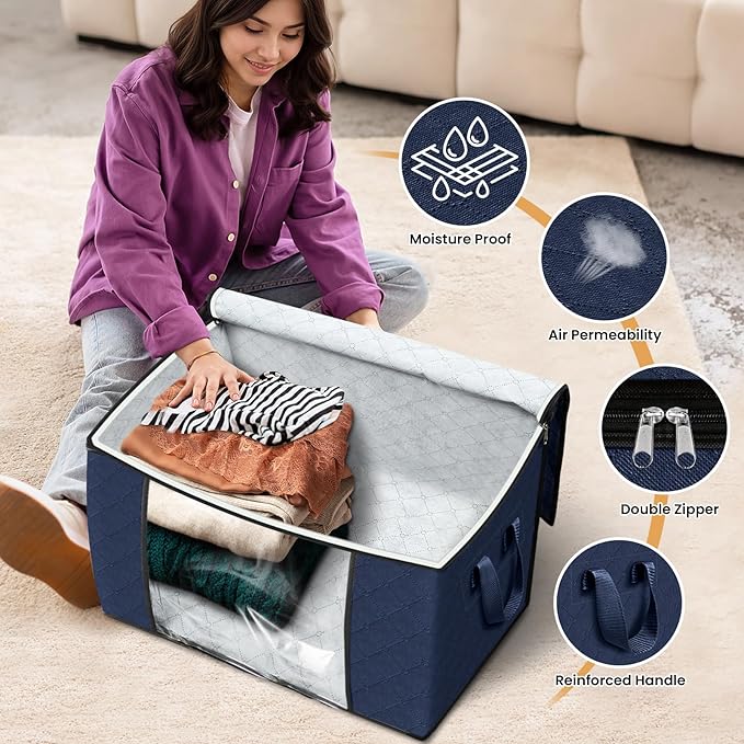 Fab totes 24 Gallons Clothes Storage, Foldable Thick Fabric Blanket Storage Bags,Containers for Organizing Bedroom, Closet, Clothing, Comforter,Organization with Handle (8 Pack,Blue)