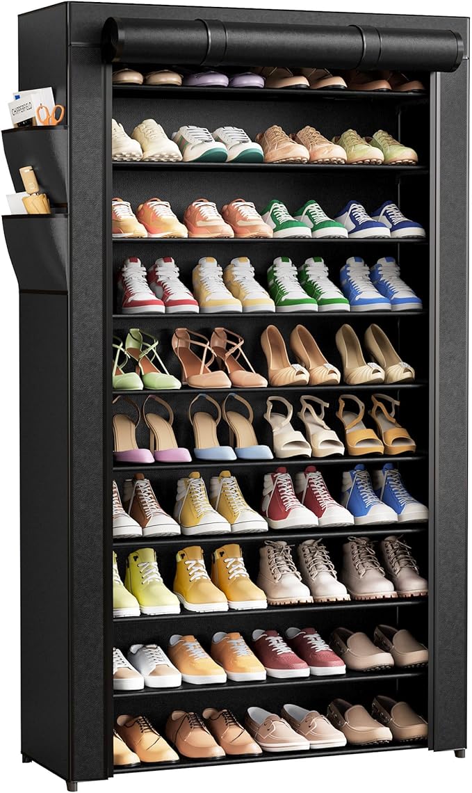 Kitsure Shoe Rack - 10-Tier Shoe Organizer with Zippered Dust Cover & Side Pockets, Easy to Assemble, Space Saving Shoe Rack for Closet, Entryway, Living Room, 33" x 12.4" x 69.3", Black
