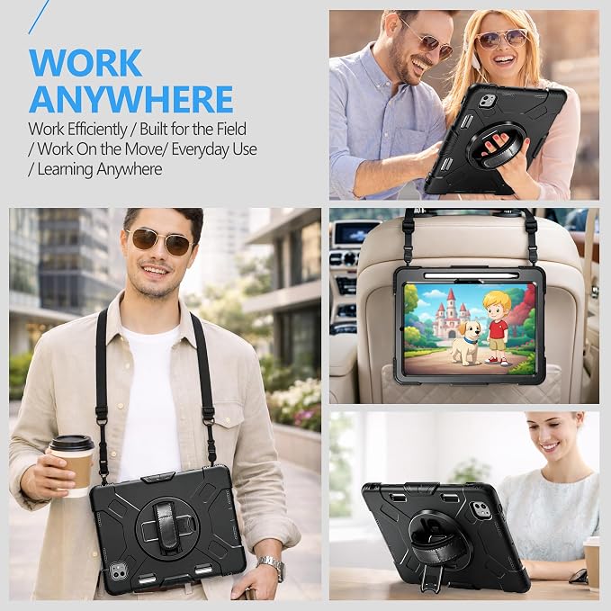 Case for iPad 9th/8th/7th Generation 10.2 Inch Black | Shockproof Protective Silicone Cover with Rotatable Stand-Screen Protector-Handle- Shoulder strap- Pencil holder