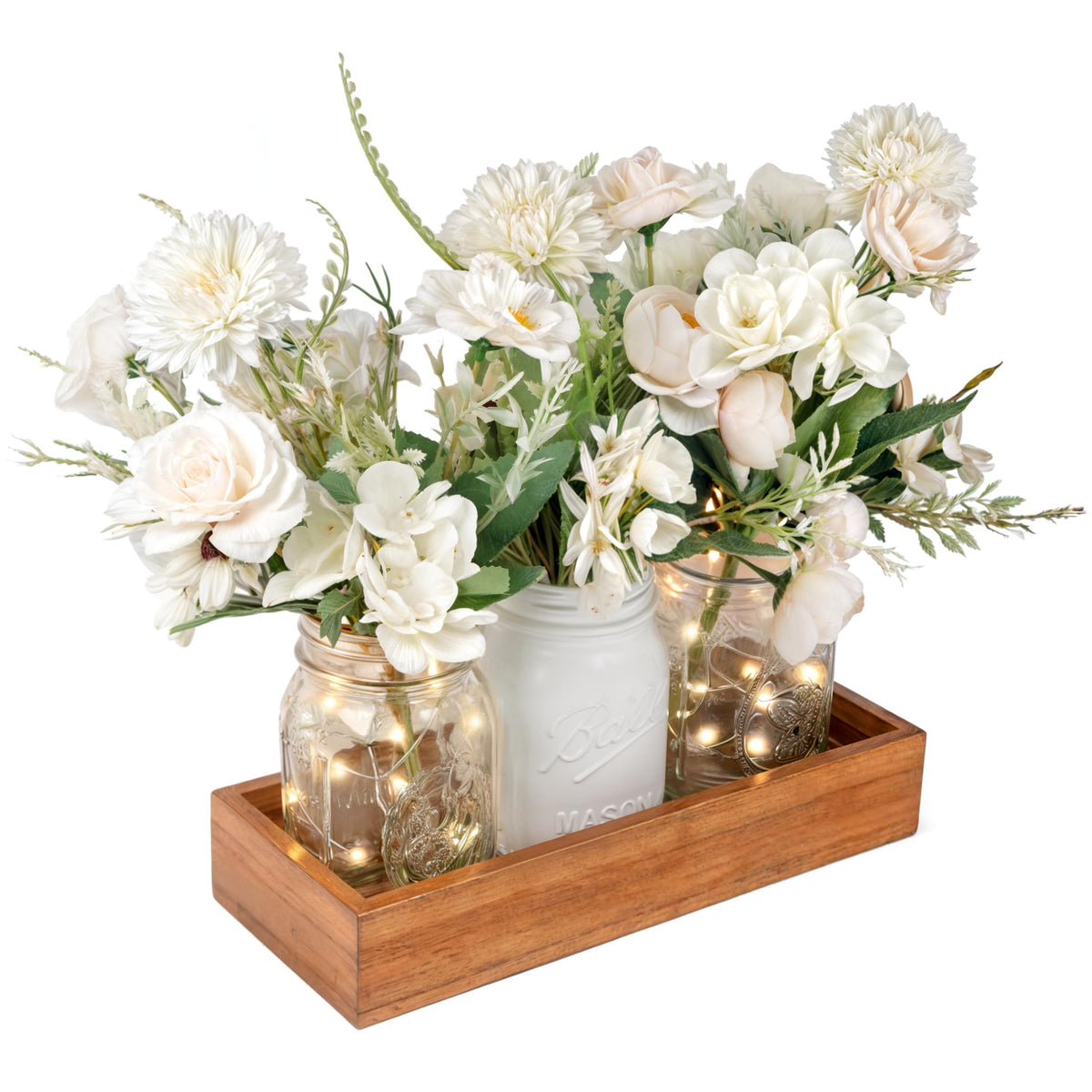 LIOZLIOLY Dining Mason Jar Lights Centerpiece Table Decorations for Dining Room Farmhouse Coffee Table Decor with Wood Tray, 3 Jars Artificial Flowers and Led Light for Kitchen Living Room(White)