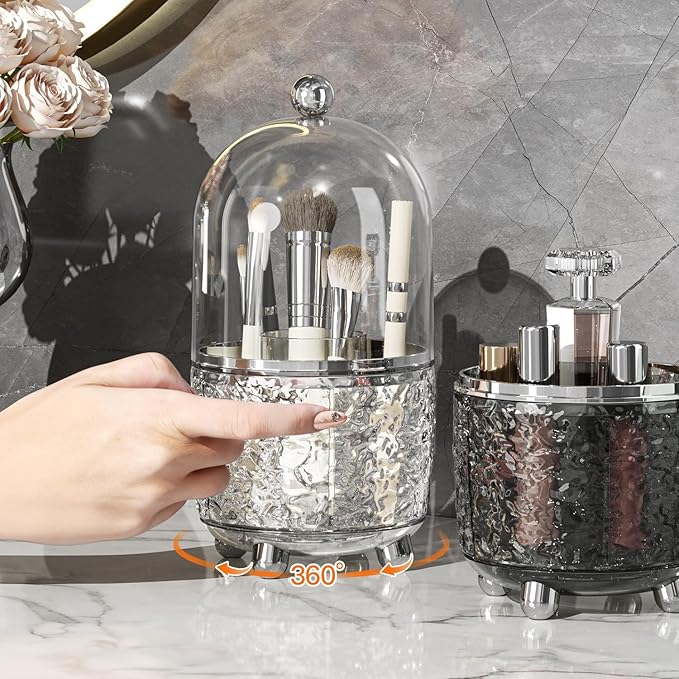 Makeup Brush Holder with Lid, 360° Rotating Cosmetic Tools Organizer with Cover, Dustproof Spinning Makeup Brush Organizer for Vanity, Ideal Gift for Girlfriend Wife Friends (Gray)