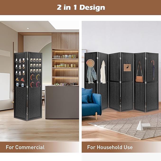 ECOMEX 6 Panel Room Divider, 5.6Ft Pegboard Display Wooden Room Divider Folding Privacy Screen Room Divider Freestanding Peg Board Display for Trade Show Craft Show Home Wall Organizer, Classic Black