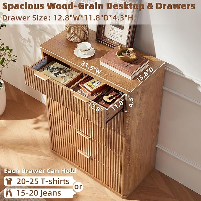 LEYAOYAO Fluted 6 Drawers Dresser for Bedroom Set of 2, 42" Tall Modern Chest of Drawers with Metal Handle, Curved Profile Design,Brown Wood Drawer Organizer for Bedroom, Living Room, Hallway