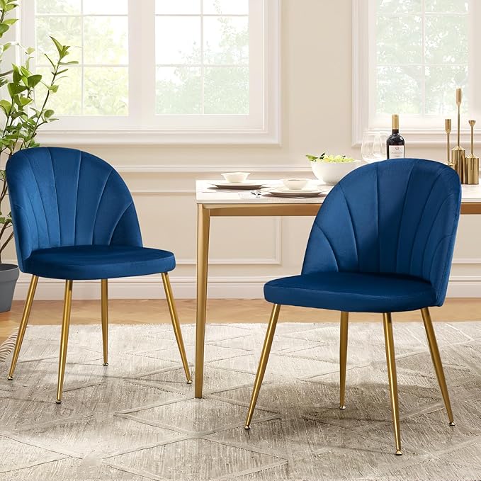 Velvet Dining Chairs Set of 2, Upholstered Mid Century Modern Dining Chairs, Armless Accent Chair with Metal Gold Legs for Living Room, Kitchen, Dining Room, Blue