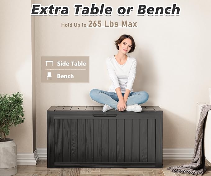 75 Gallon Outdoor Storage Box, Waterproof Resin Deck Box with Lockable Lid, Patio Furniture Side Table & Storage Bin for Package Delivery, Patio Cushions, Garden Tools, Pool Accessories, Black