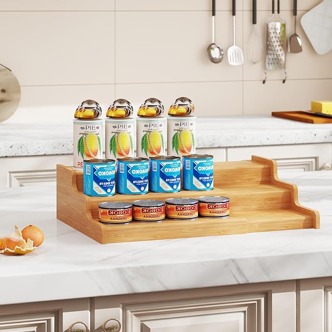 Expandable Bamboo Can Rack Organizer for Pantry, 3-Tier Adjustable Can Storage Holder, Soda Organizer Holds Up to 24 Cans, Canned goods Storage Display for Pantry, Cabinet, Countertop (patent pending)