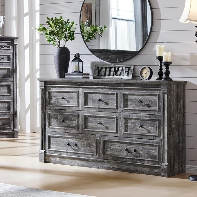 Farmhouse 8 Drawers Dresser for Bedroom, 61" Wide Large Dressers & Chests of Drawers w/Roman Column, Storage Dressers Organizer for Bedroom, Hallway, Living Room, Light Grey