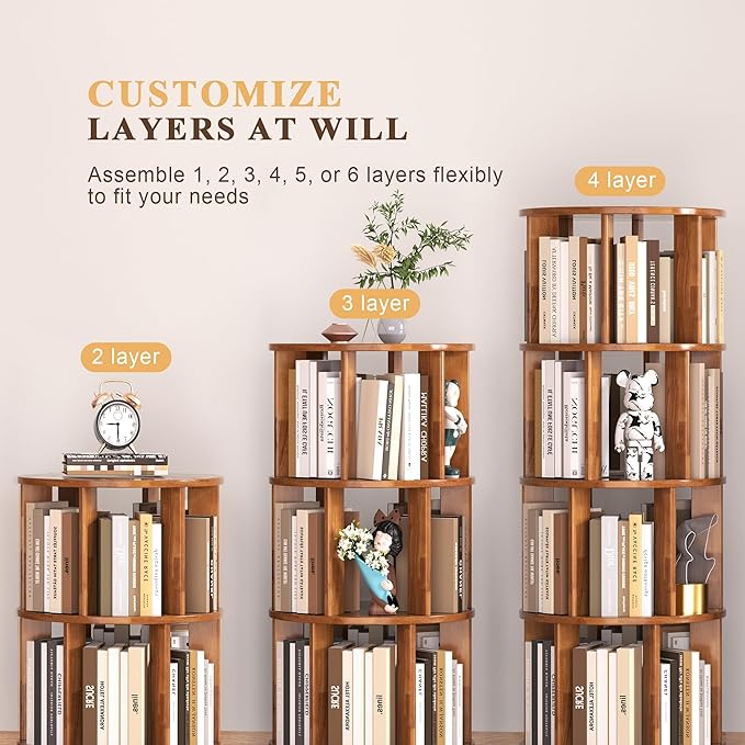 4-Tier Rotating Bookshelf, 360° Spinning Stackable Bookcase, Freestanding Bookshelf for Home Office Study Room Bedroom Living Room