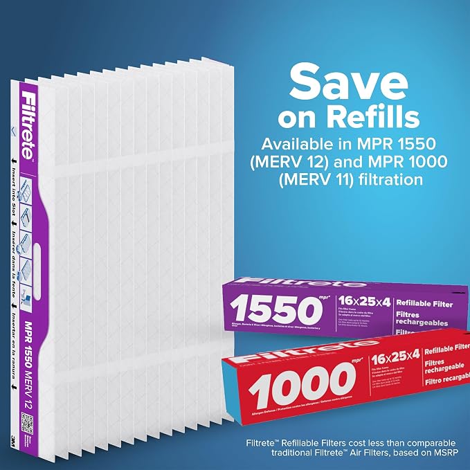 Filtrete 20x25x4 Refillable Air Filter replacement, MPR 1550, MERV 12, Allergen