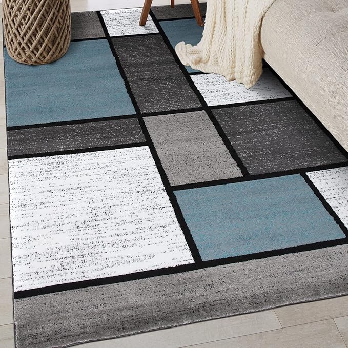 Rugshop Modern Geometric Boxes Blue Area Rug, Non-Shedding Carpet for Bedroom, Office, or Small Living Room, 4' x 6'
