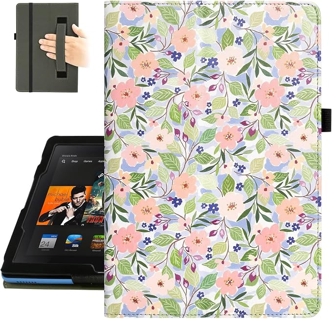 Fancity Case for Kindle Fire HD 10/10 Plus 13th/11th Generation 2023/2021 | Premium PU Leather Protective Case with Adjustable Angles Auto Wake/Sleep Hand Strap for Fire HD 10/10 Plus Black Floral