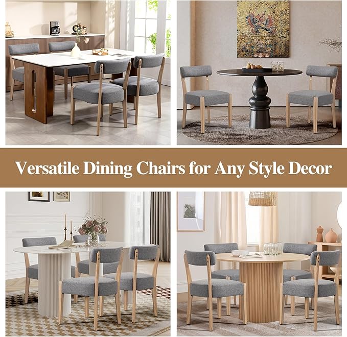Dining Chairs Set of 6,Mid Century Modern Kitchen Chair Set - Linen Upholstered Low Back Kitchen & Dining Room Chairs with Woven Design,Grey Fabric